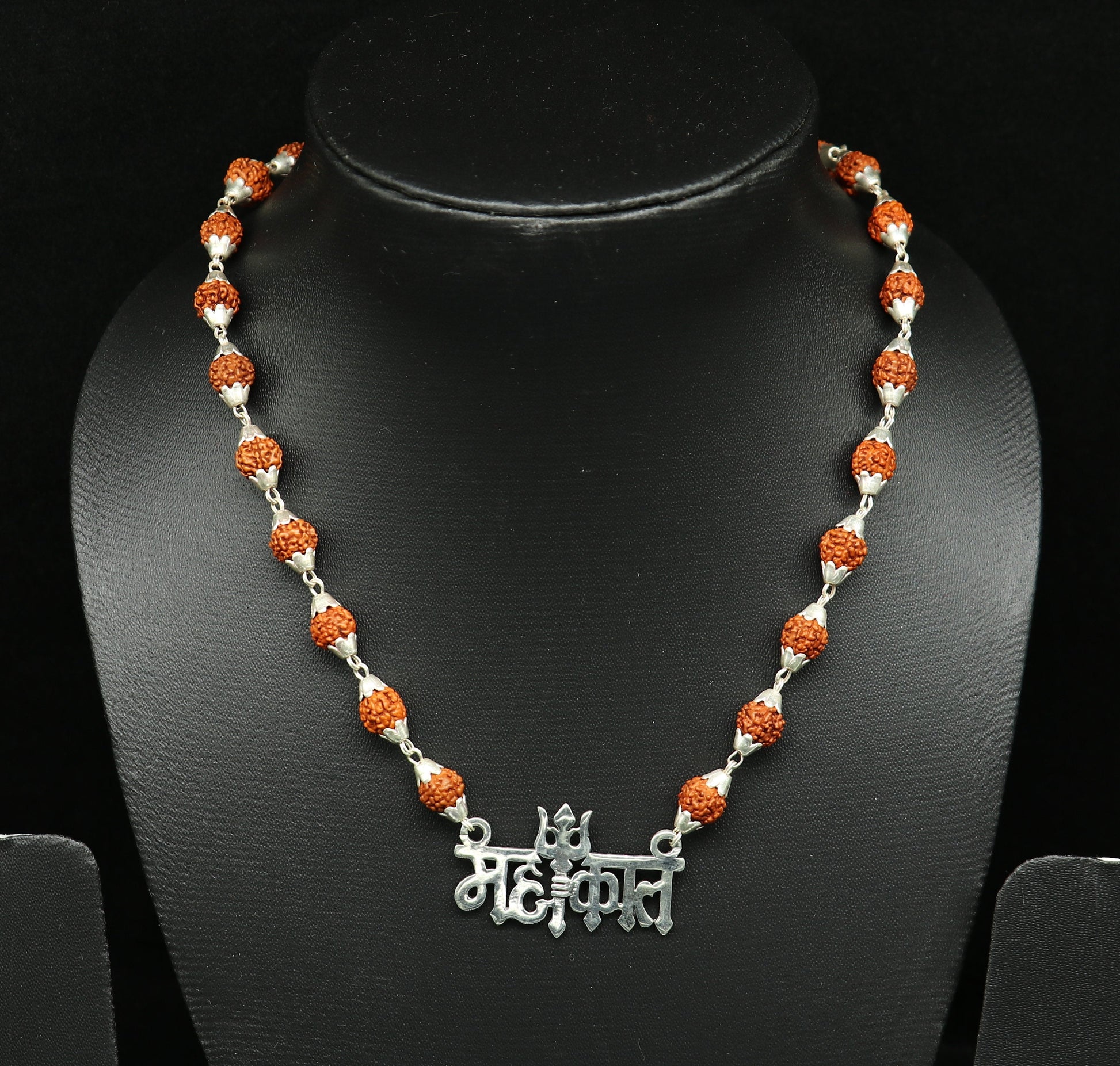 925 sterling silver customized Rudraksha beaded Mahakaal Shiva pendant necklace, best blessing divine necklace from india set191 - TRIBAL ORNAMENTS