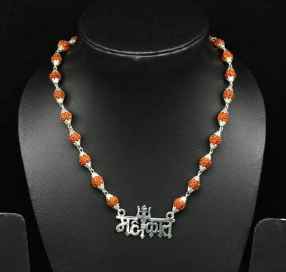 925 sterling silver customized Rudraksha beaded Mahakaal Shiva pendant necklace, best blessing divine necklace from india set191 - TRIBAL ORNAMENTS