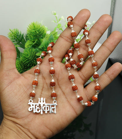 925 sterling silver customized Rudraksha beaded Mahakaal Shiva pendant necklace, best blessing divine necklace from india set191 - TRIBAL ORNAMENTS