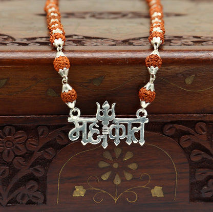 925 sterling silver customized Rudraksha beaded Mahakaal Shiva pendant necklace, best blessing divine necklace from india set191 - TRIBAL ORNAMENTS