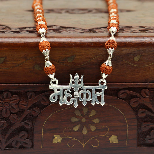 925 sterling silver customized Rudraksha beaded Mahakaal Shiva pendant necklace, best blessing divine necklace from india set191 - TRIBAL ORNAMENTS