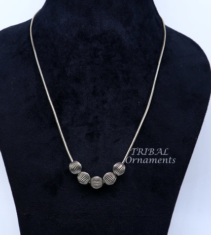 Sterling silver beaded necklace by TRIBAL ORNAMENTS, 18-inch custom bridal jewelry for weddings and anniversaries.