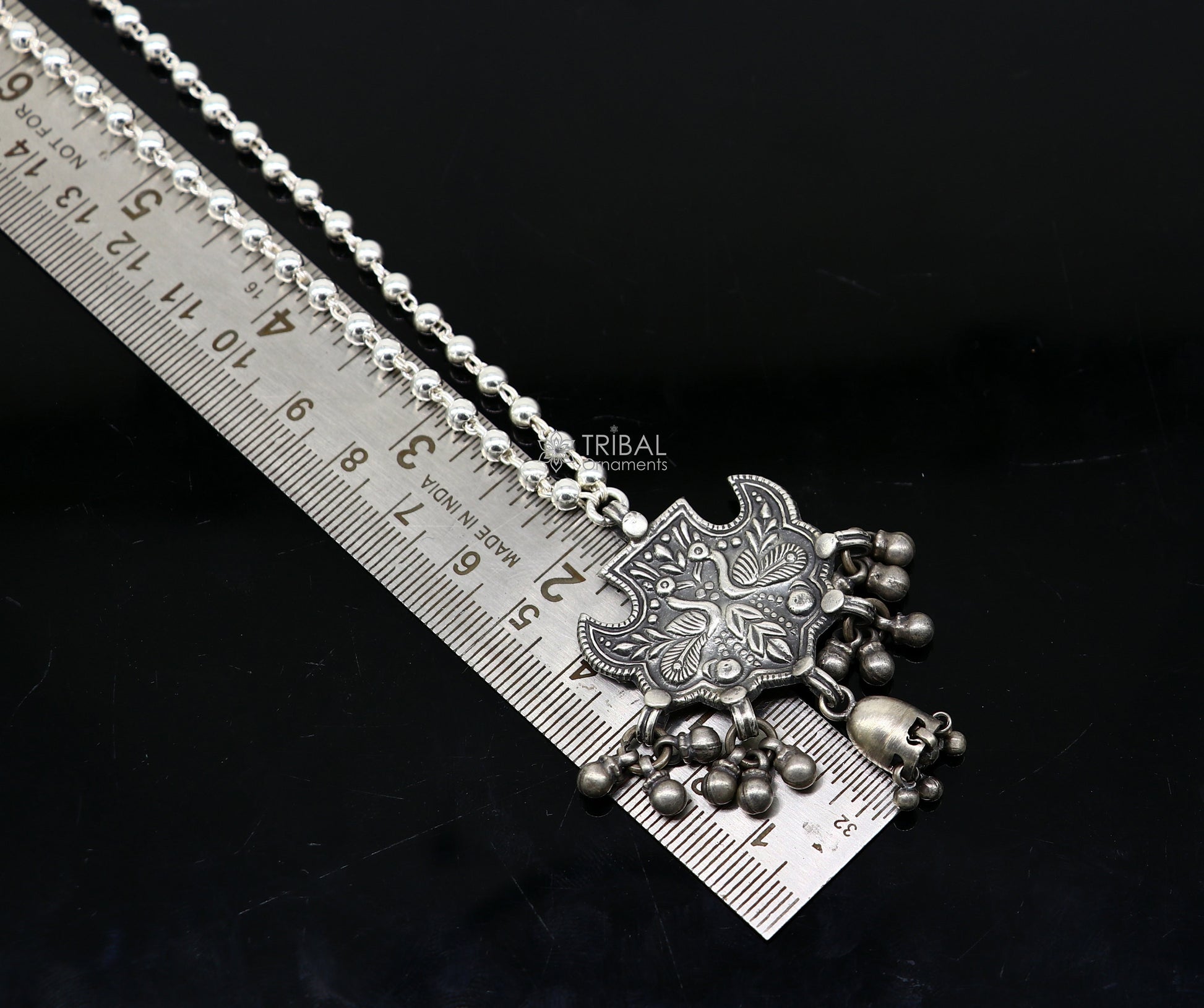 Sterling silver handmade 4mm beaded long necklace with peacock design, traditional tribal jewelry by TRIBAL ORNAMENTS