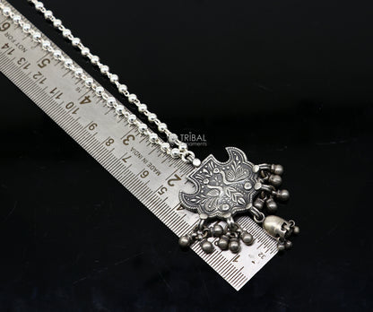Sterling silver handmade 4mm beaded long necklace with peacock design, traditional tribal jewelry by TRIBAL ORNAMENTS
