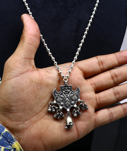 Sterling silver handmade beaded long necklace with peacock design, traditional cultural jewelry by TRIBAL ORNAMENTS.
