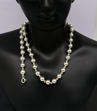 Sterling silver handmade beaded chain necklace by TRIBAL ORNAMENTS, 18-inch unisex jewelry with adjustable length, perfect for daily wear.