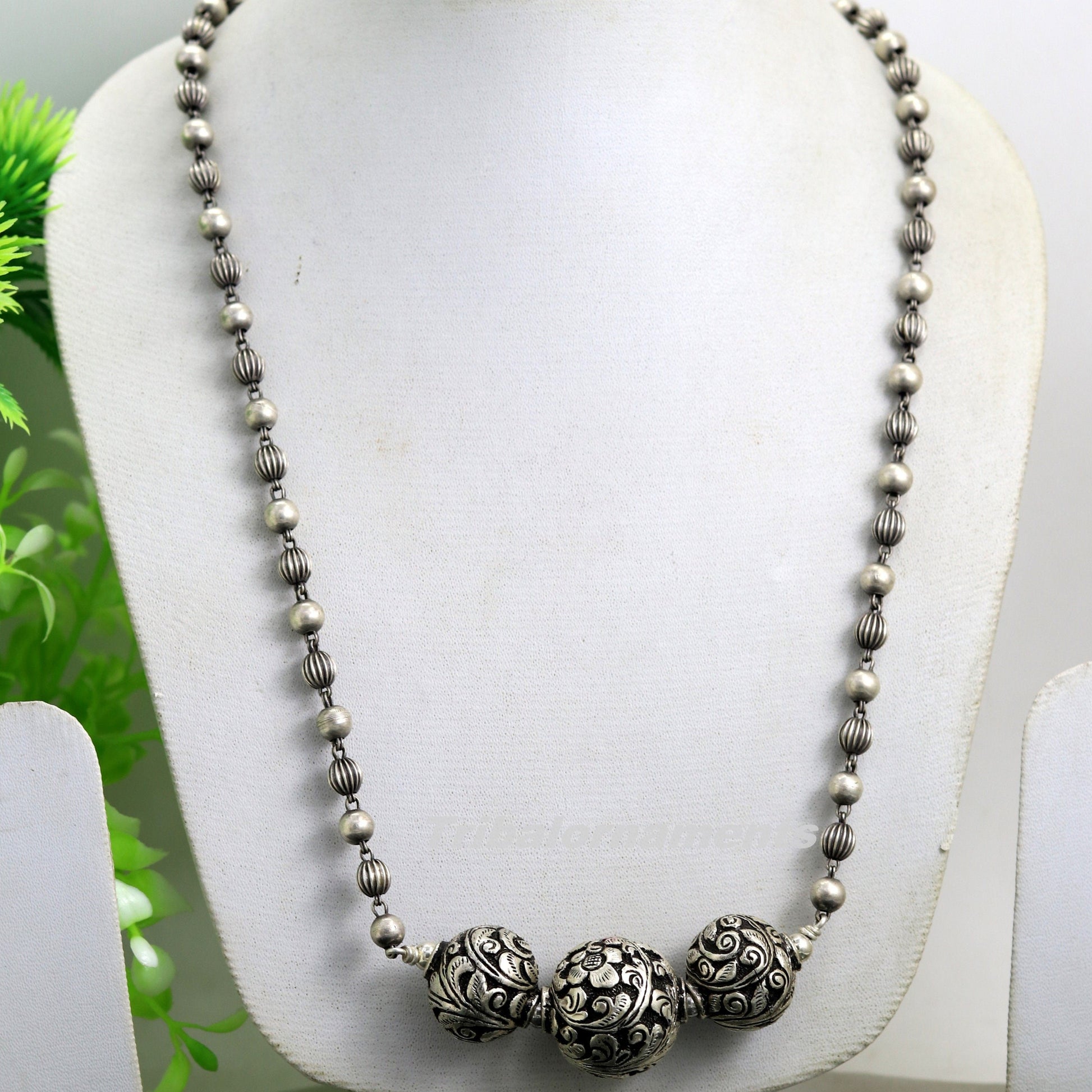 Handmade 925 sterling silver beaded necklace with intricate chitai work, long vintage tribal jewelry for belly dance or bridal wear