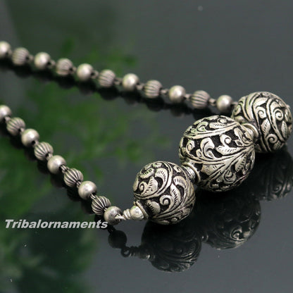 925 sterling silver handmade beaded necklace with intricate chitai work, vintage tribal design, ideal for belly dance or bridal jewelry.