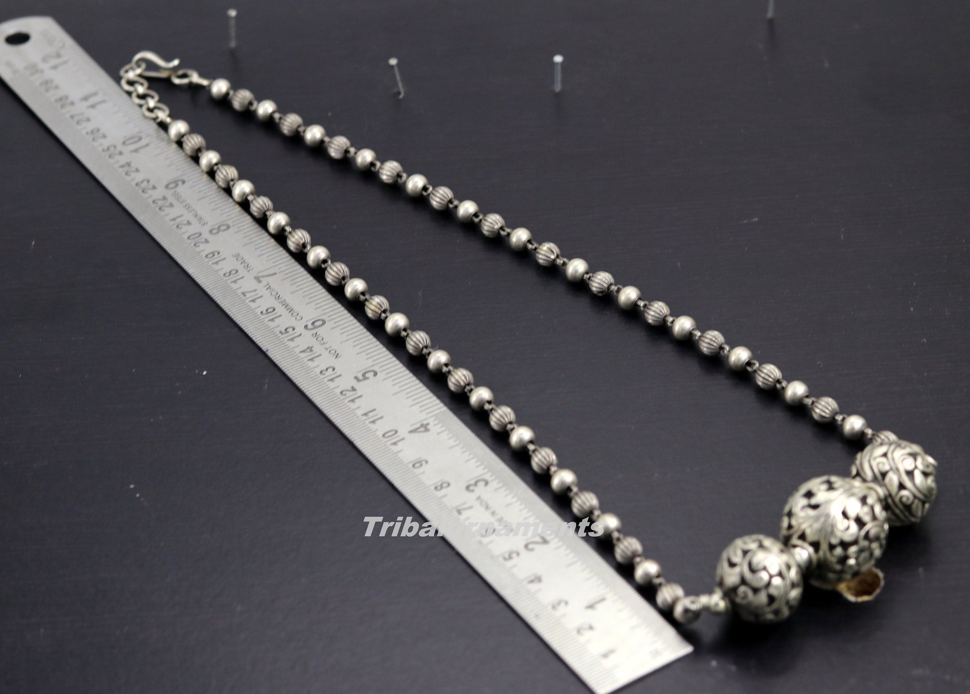 925 sterling silver handmade beaded necklace with intricate chitai work, vintage tribal design for belly dance or bridal jewelry.