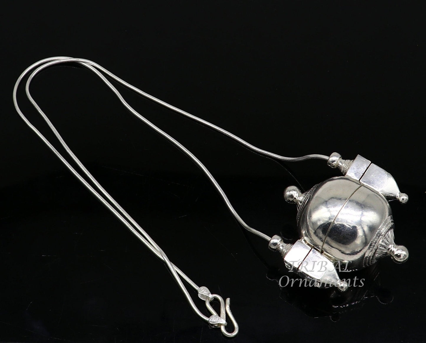 925 Sterling silver chain with Shiva Lingam box pendant, handmade tribal jewelry set from TRIBAL ORNAMENTS.