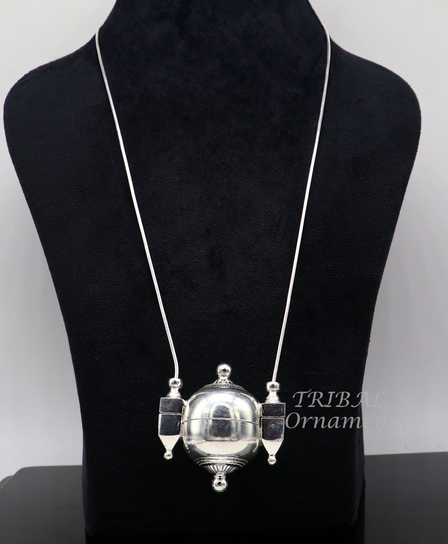 925 Sterling silver chain with Shiva Lingam box pendant, tribal jewelry set featuring handmade solid silver necklace and pendant.