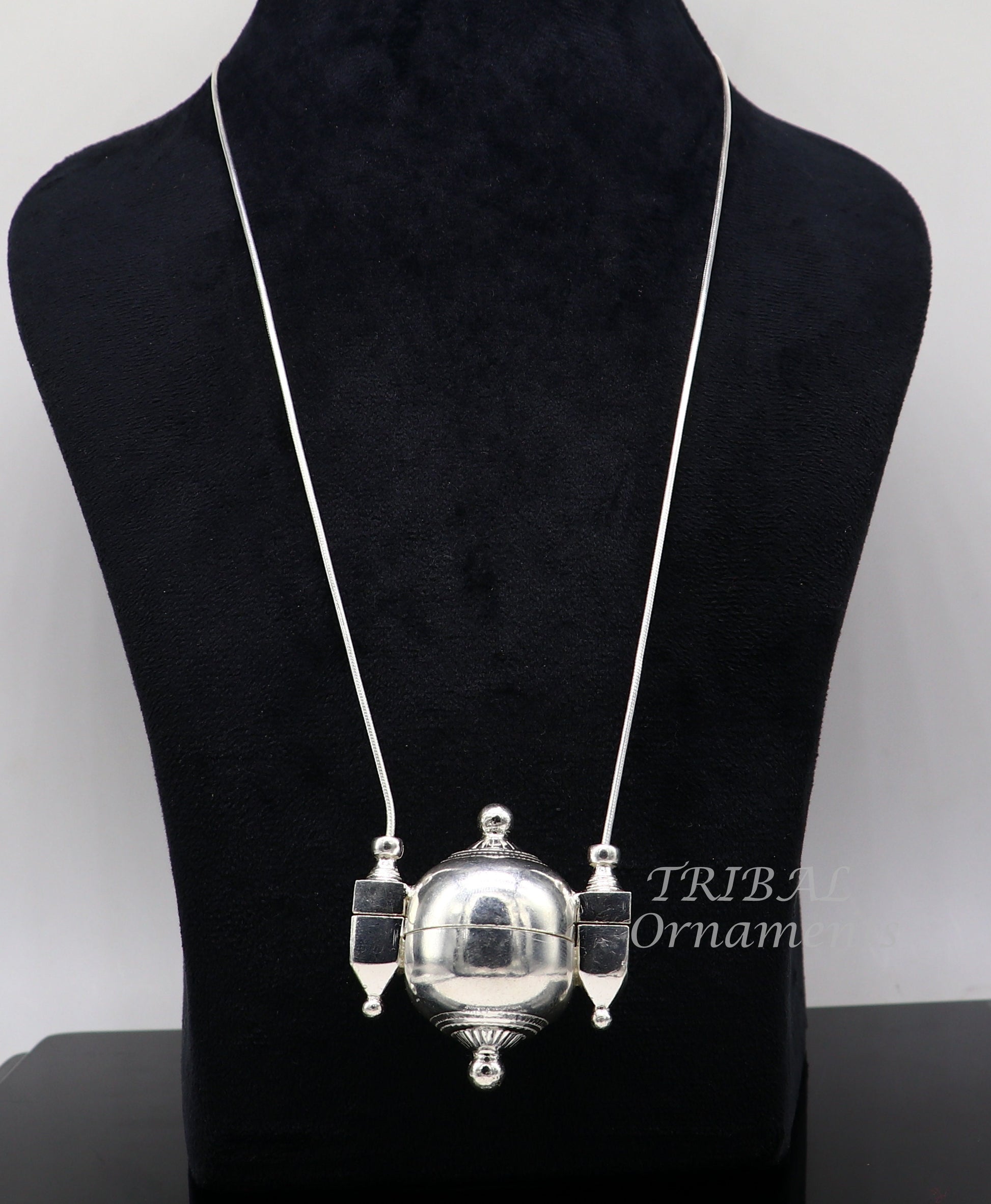 925 Sterling silver chain with Shiva Lingam box pendant, tribal jewelry set featuring handmade solid silver necklace and pendant.