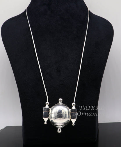 925 Sterling silver chain with Shiva Lingam box pendant, tribal jewelry set featuring handmade solid silver necklace and pendant.