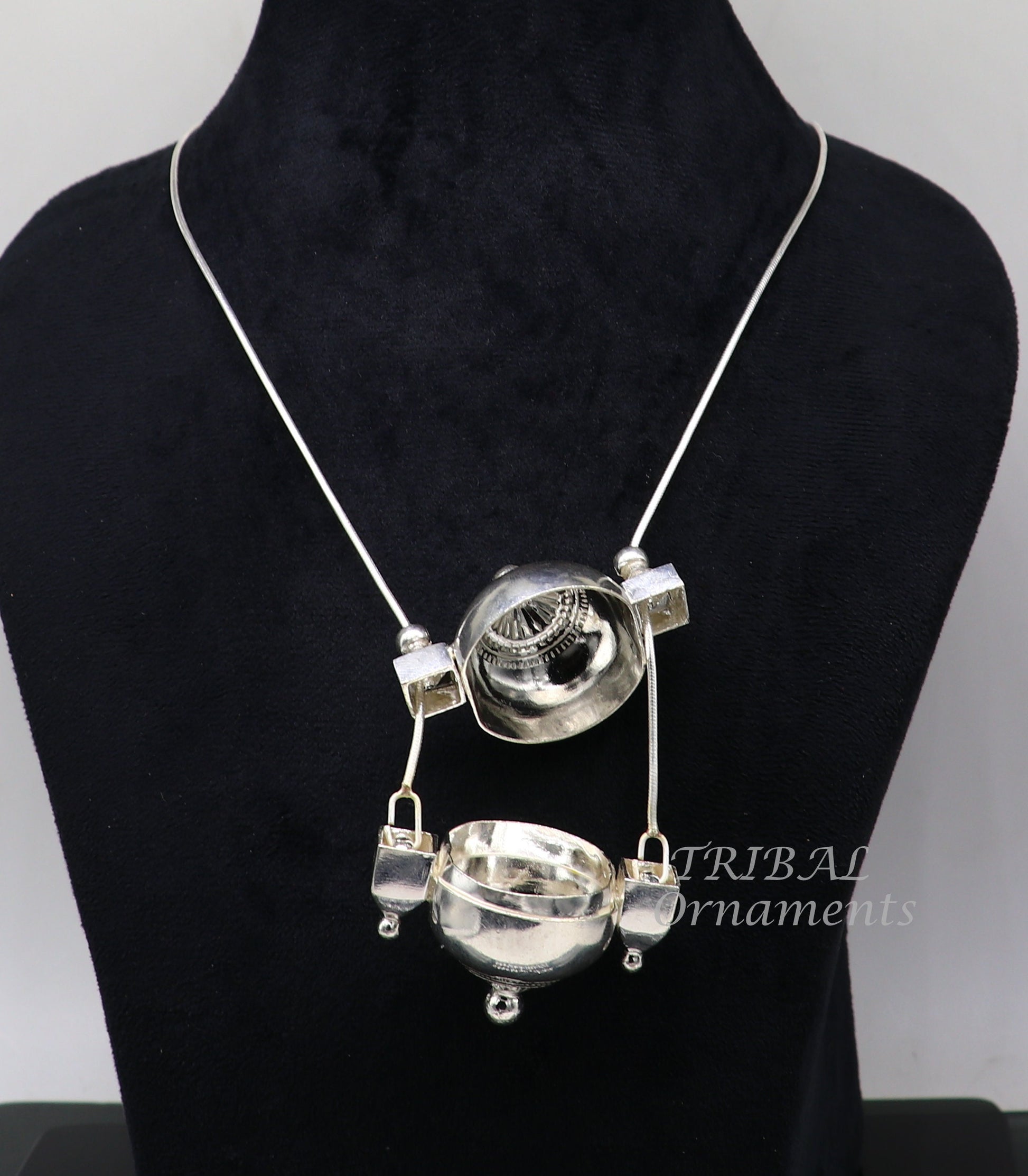 925 Sterling silver chain and Shiva Lingam box pendant necklace set from Tribal Ornaments, featuring handmade tribal jewelry design.