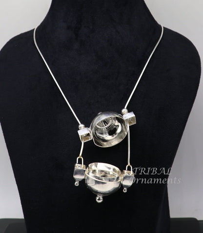 925 Sterling silver chain and Shiva Lingam box pendant necklace set from Tribal Ornaments, featuring handmade tribal jewelry design.