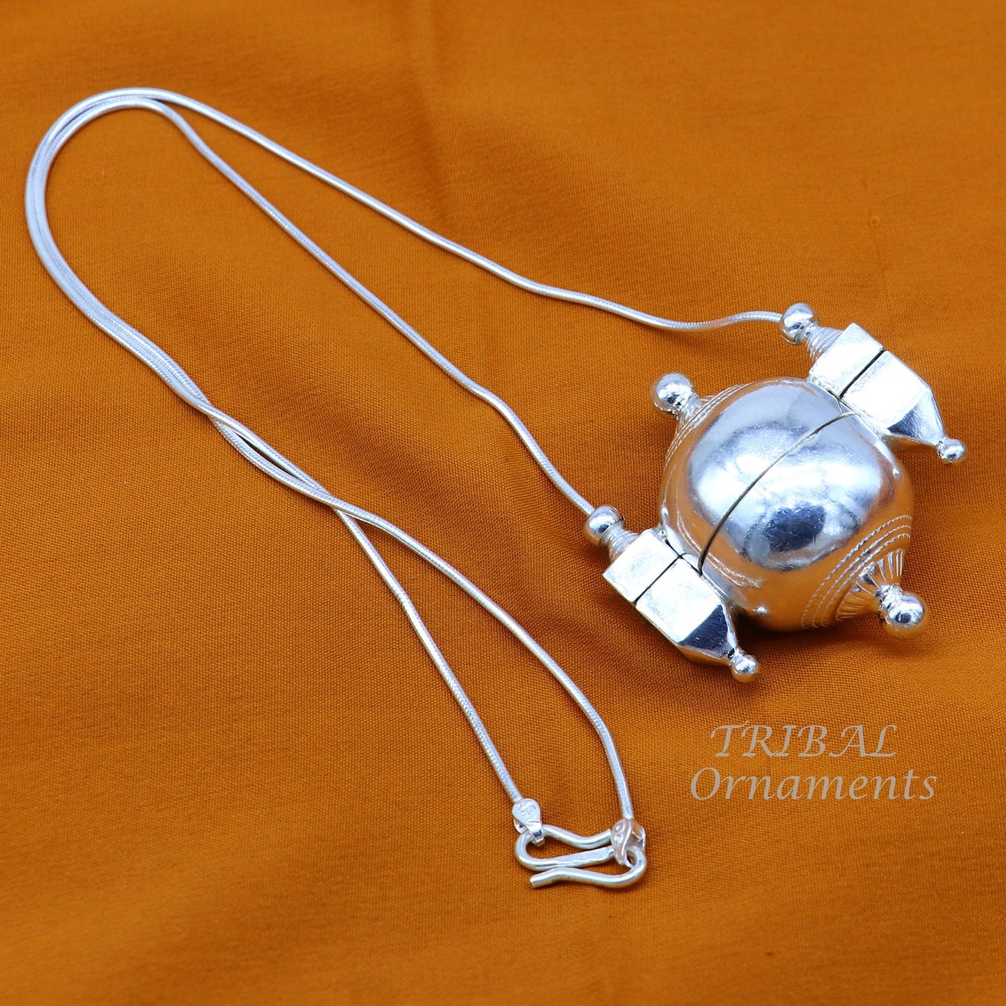 925 Sterling silver chain with Shiva Lingam box pendant, handmade tribal jewelry set from TRIBAL ORNAMENTS.