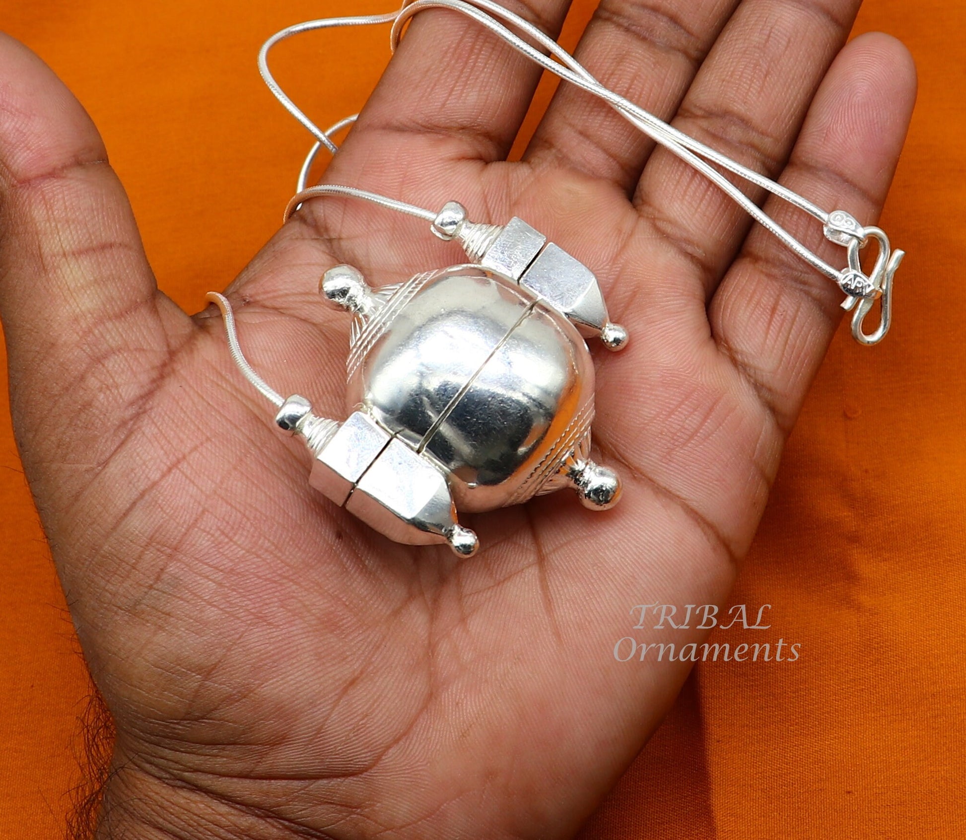 925 Sterling silver chain and Shiva Lingam pendant set by Tribal Ornaments, featuring a handmade tribal necklace and pendant.