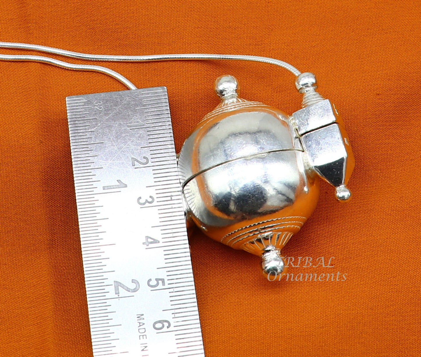 925 Sterling silver chain with Shiva Lingam box pendant, tribal jewelry set featuring handcrafted solid silver necklace and container.