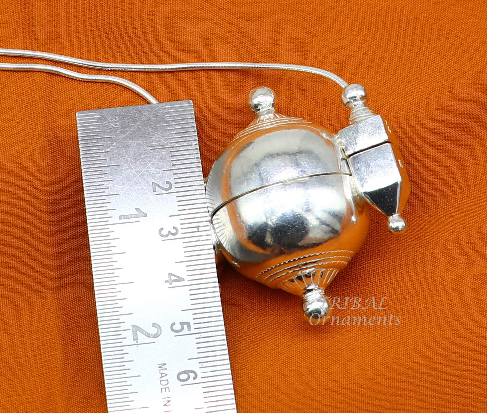 925 Sterling silver chain with Shiva Lingam box pendant, tribal jewelry set featuring handcrafted solid silver necklace and container.