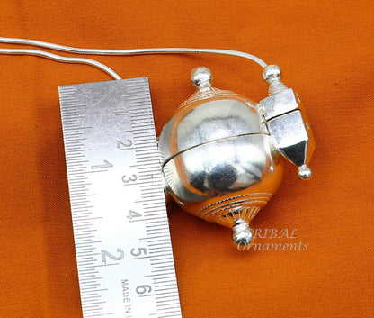 925 Sterling silver chain with Shiva Lingam box pendant, tribal jewelry set featuring handcrafted solid silver necklace and container.