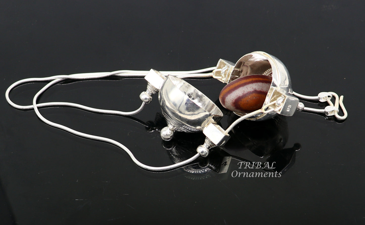 925 Sterling silver chain with Shiva Lingam pendant and box container, handmade tribal jewelry set from TRIBAL ORNAMENTS.