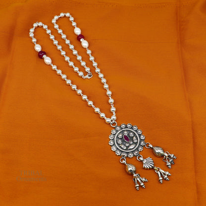 925 sterling silver beads chain with flower pendant, traditional brides' mangalsutra necklace by TRIBAL ORNAMENTS