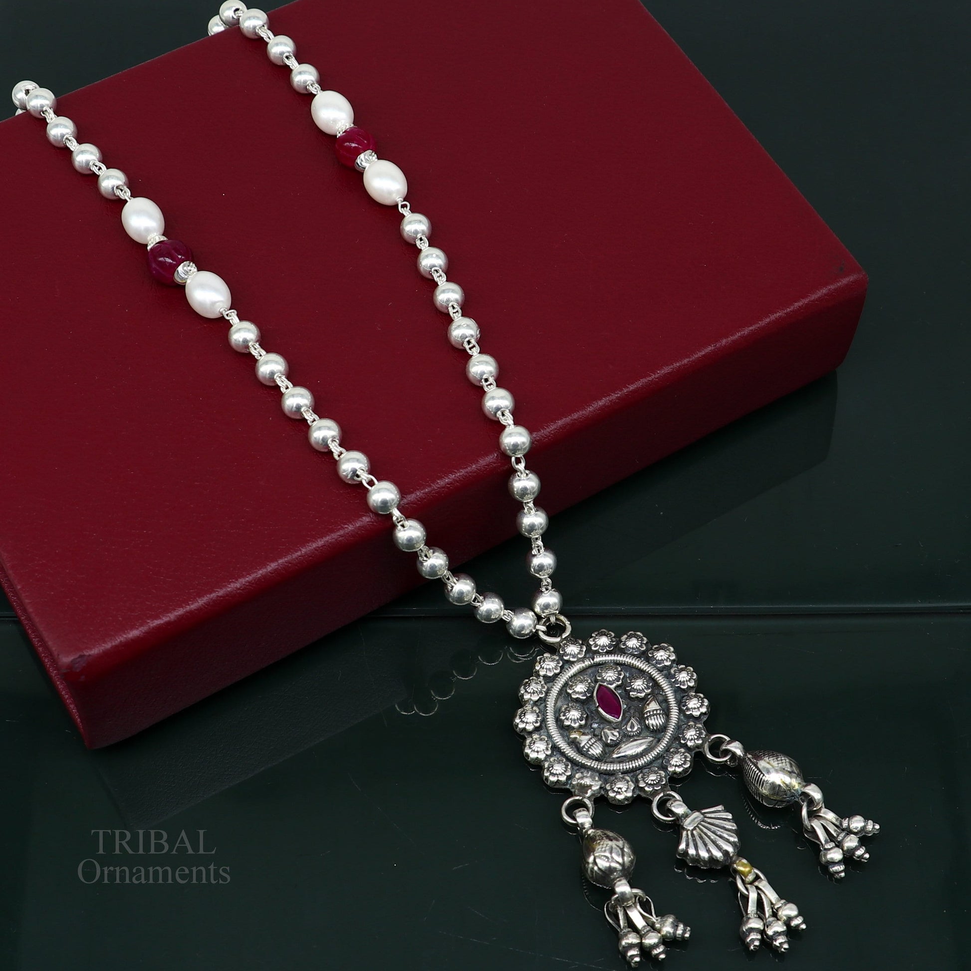 925 sterling silver beads chain with flower pendant, traditional bridal mangalsutra necklace by TRIBAL ORNAMENTS.