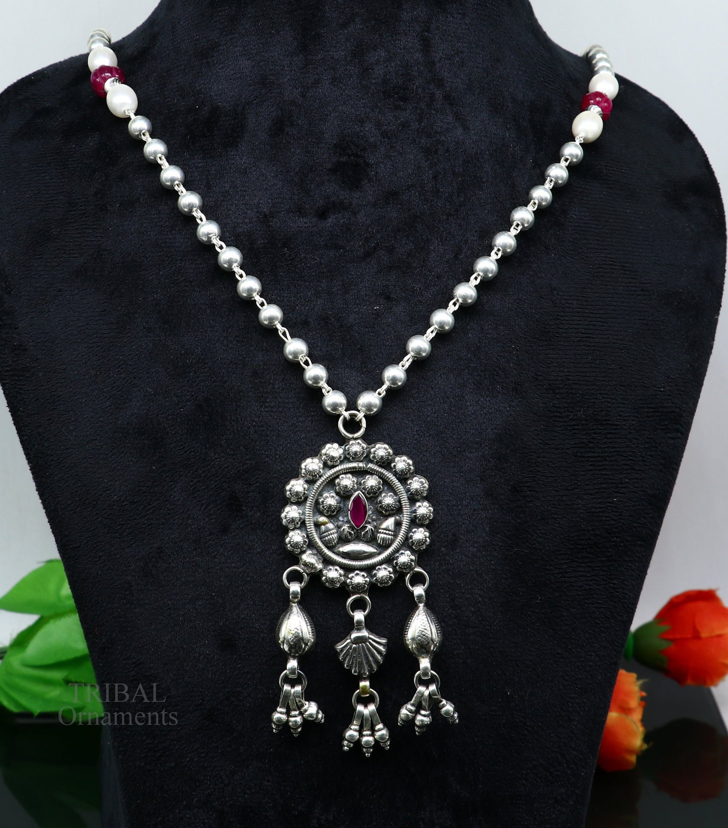 925 sterling silver beads chain with flower pendant, traditional bridal mangalsutra necklace by Tribal Ornaments.