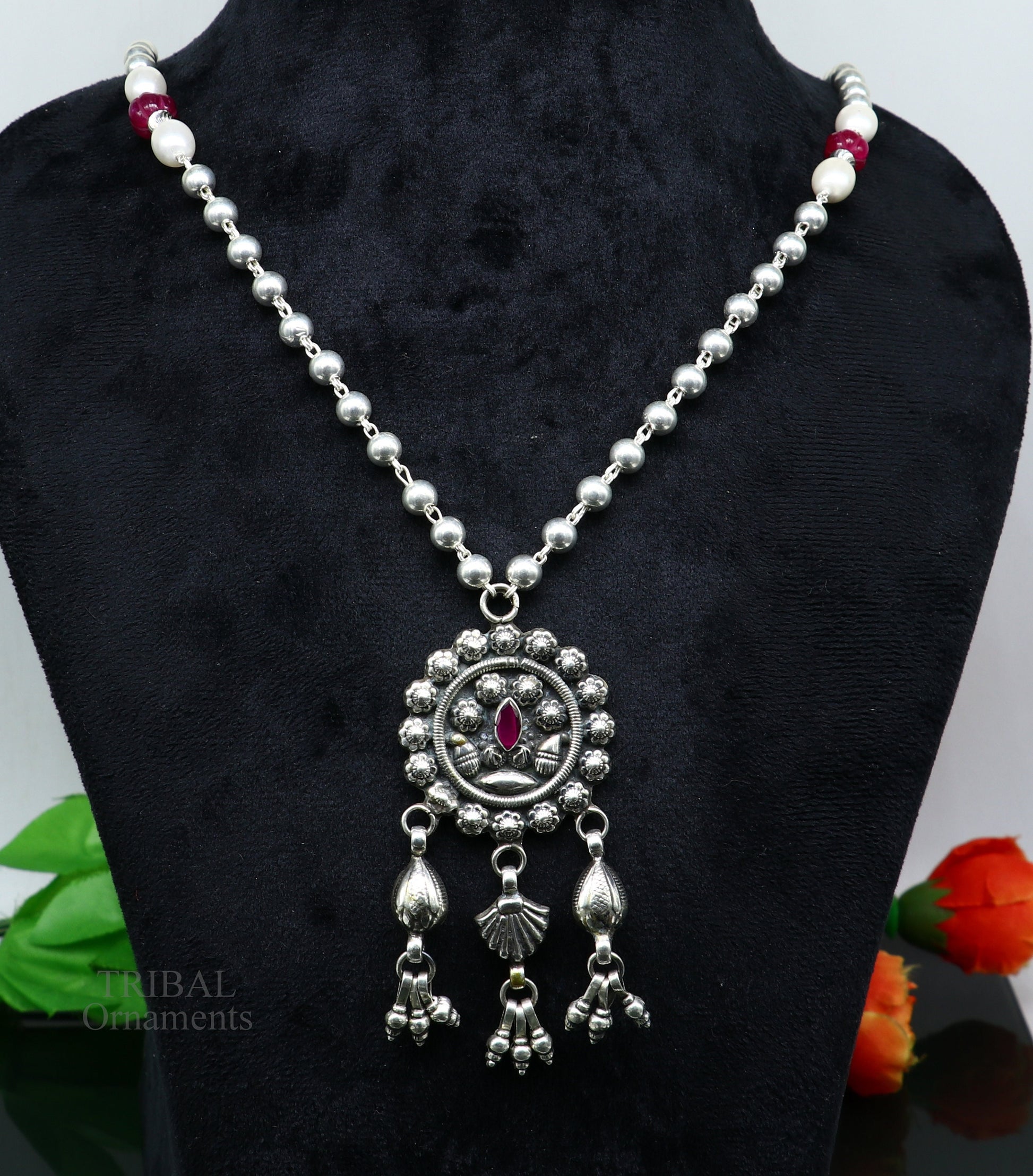 925 sterling silver beads chain with flower pendant, traditional bridal mangalsutra necklace by Tribal Ornaments.
