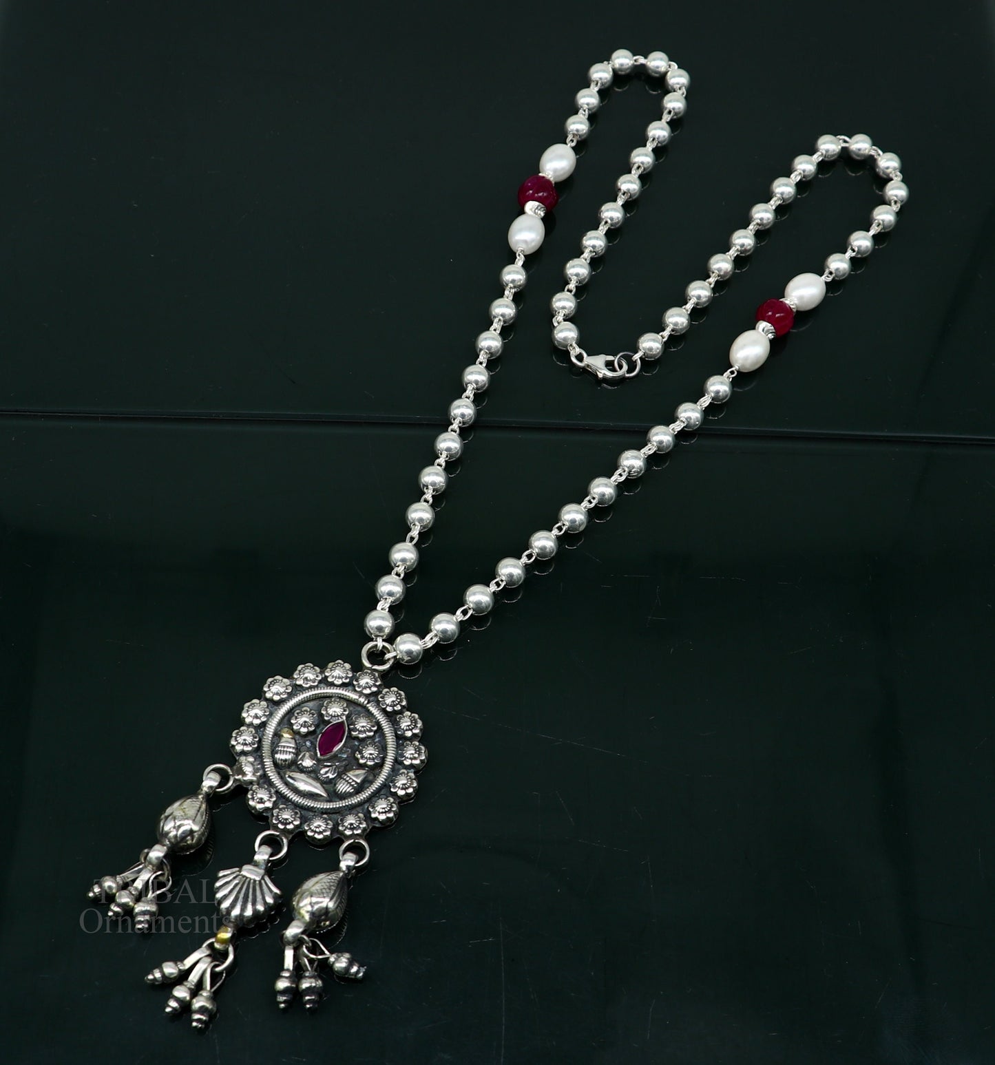 Sterling silver beads chain with flower pendant, traditional brides mangalsutra necklace by TRIBAL ORNAMENTS, 18-inch length.