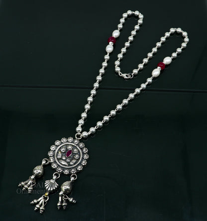 Sterling silver beads chain with flower pendant, traditional brides mangalsutra necklace by TRIBAL ORNAMENTS, 18-inch length.