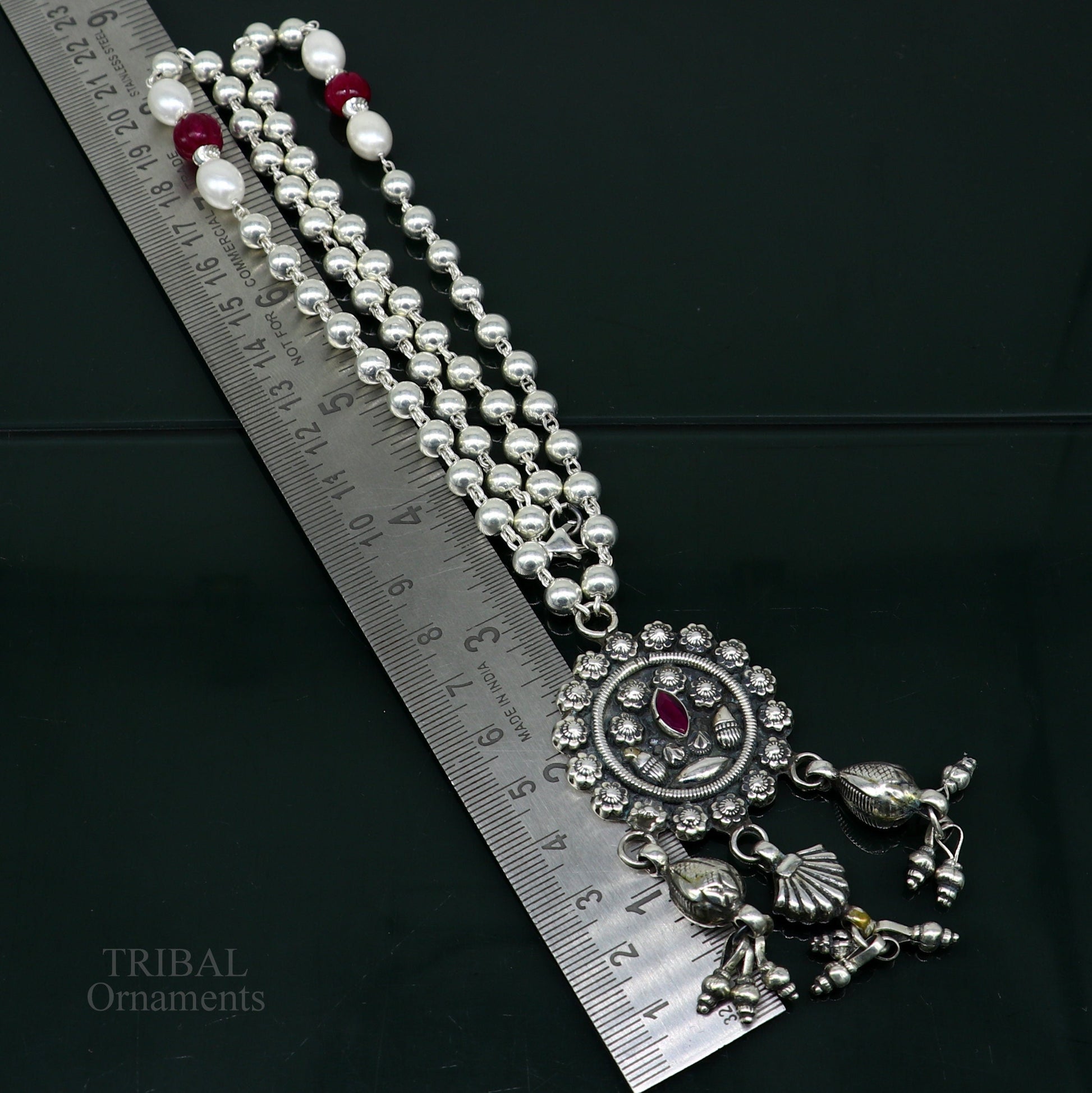 925 sterling silver beads chain with flower pendant, traditional brides mangalsutra necklace, elegant tribal design by TRIBAL ORNAMENTS