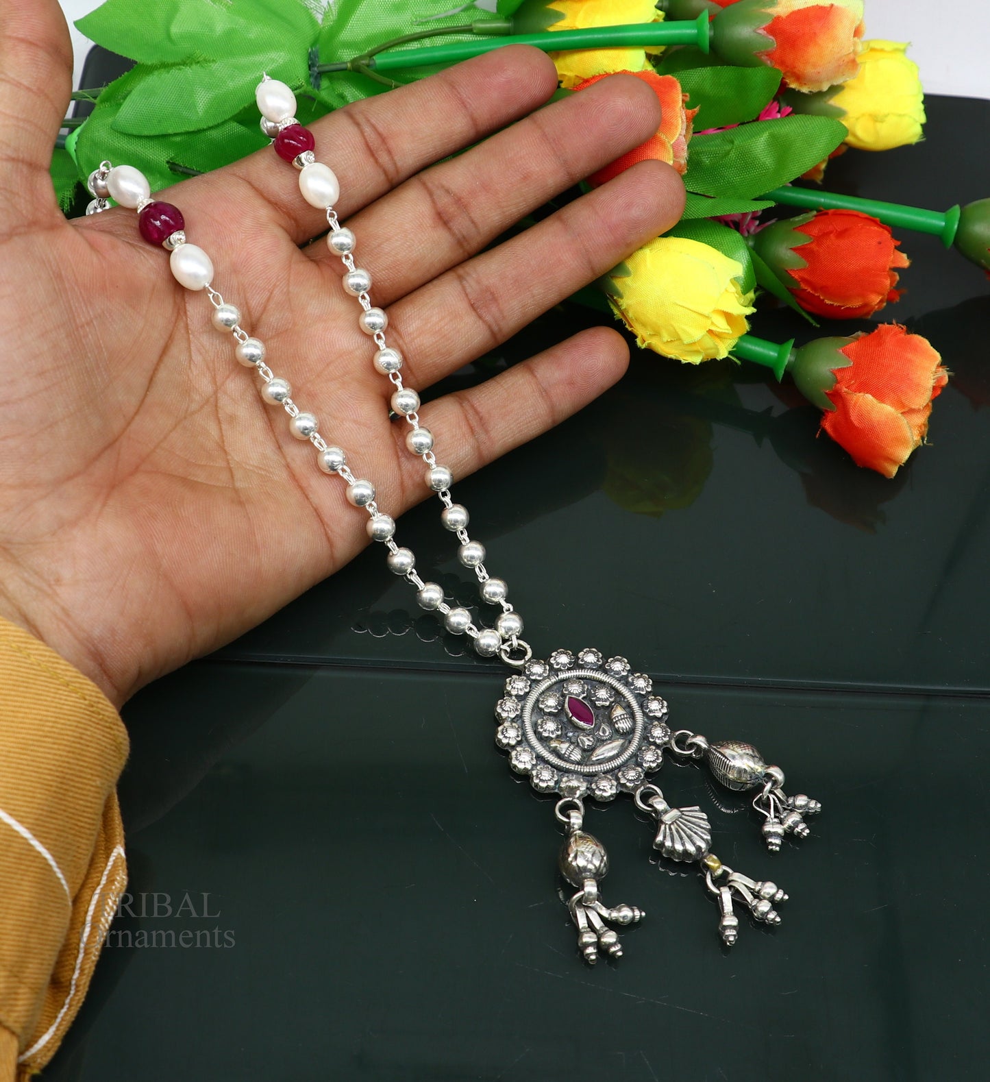 925 sterling silver beads chain with flower pendant, traditional brides mangalsutra necklace by TRIBAL ORNAMENTS.