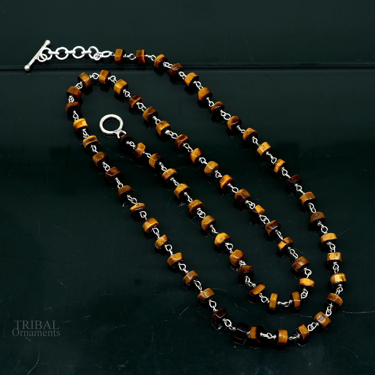 Exclusive color stone sterling silver beaded necklace by TRIBAL ORNAMENTS, 18-inch custom-made jewelry for women and girls.