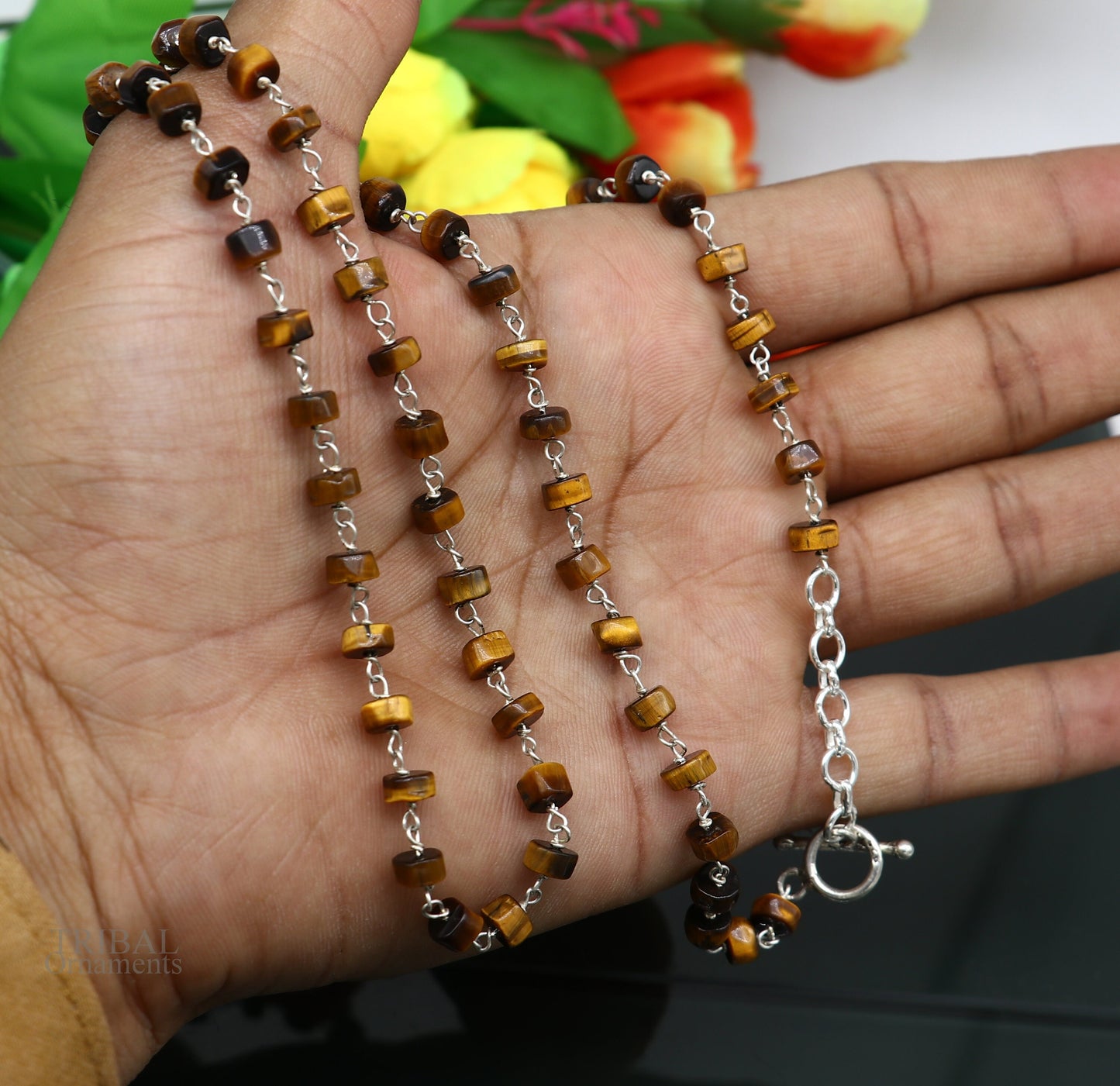 Exclusive color stone beaded necklace in 925 sterling silver by TRIBAL ORNAMENTS, designed for women's daily wear and gifting.