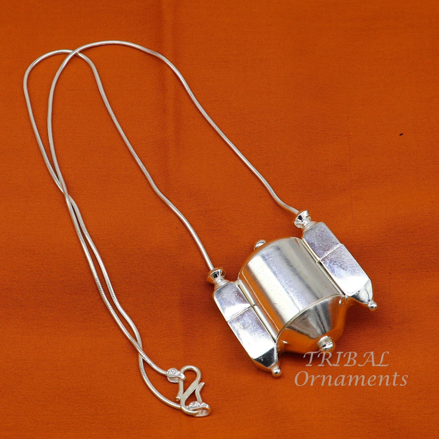 Sterling silver chain and Shiva Lingam pendant jewelry set with tribal design, handmade from solid silver, 18-inch length.