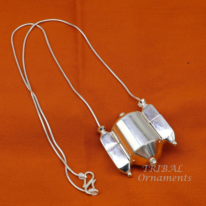 Sterling silver chain and Shiva Lingam pendant jewelry set with tribal design, handmade from solid silver, 18-inch length.