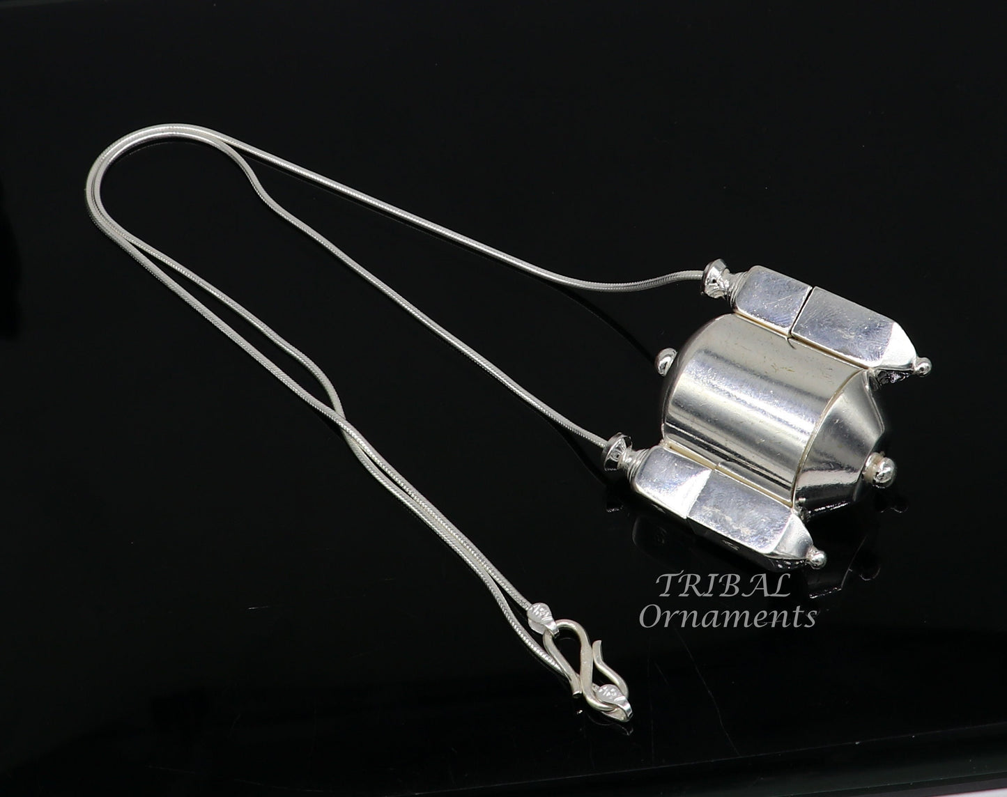 Sterling silver chain and Shiva Lingam pendant jewelry set with handmade tribal-design container box, crafted by TRIBAL ORNAMENTS.