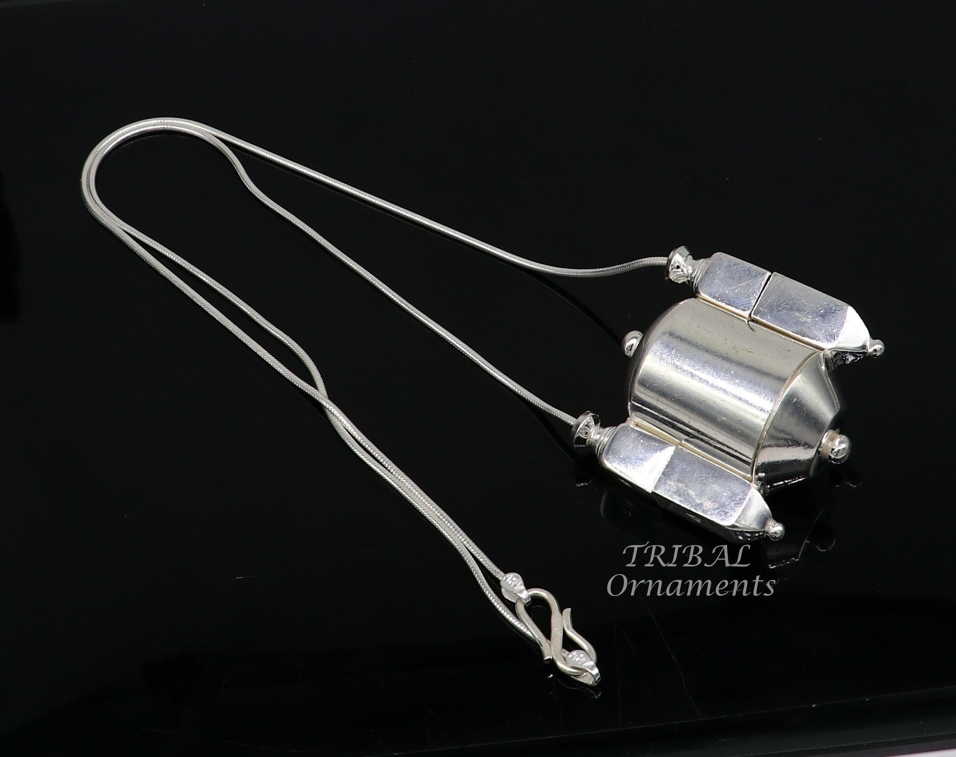 Sterling silver chain and Shiva Lingam pendant jewelry set with handmade tribal-design container box, crafted by TRIBAL ORNAMENTS.