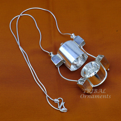 Sterling silver chain with Shiva Lingam box pendant, tribal jewelry set from TRIBAL ORNAMENTS featuring handmade Indian design