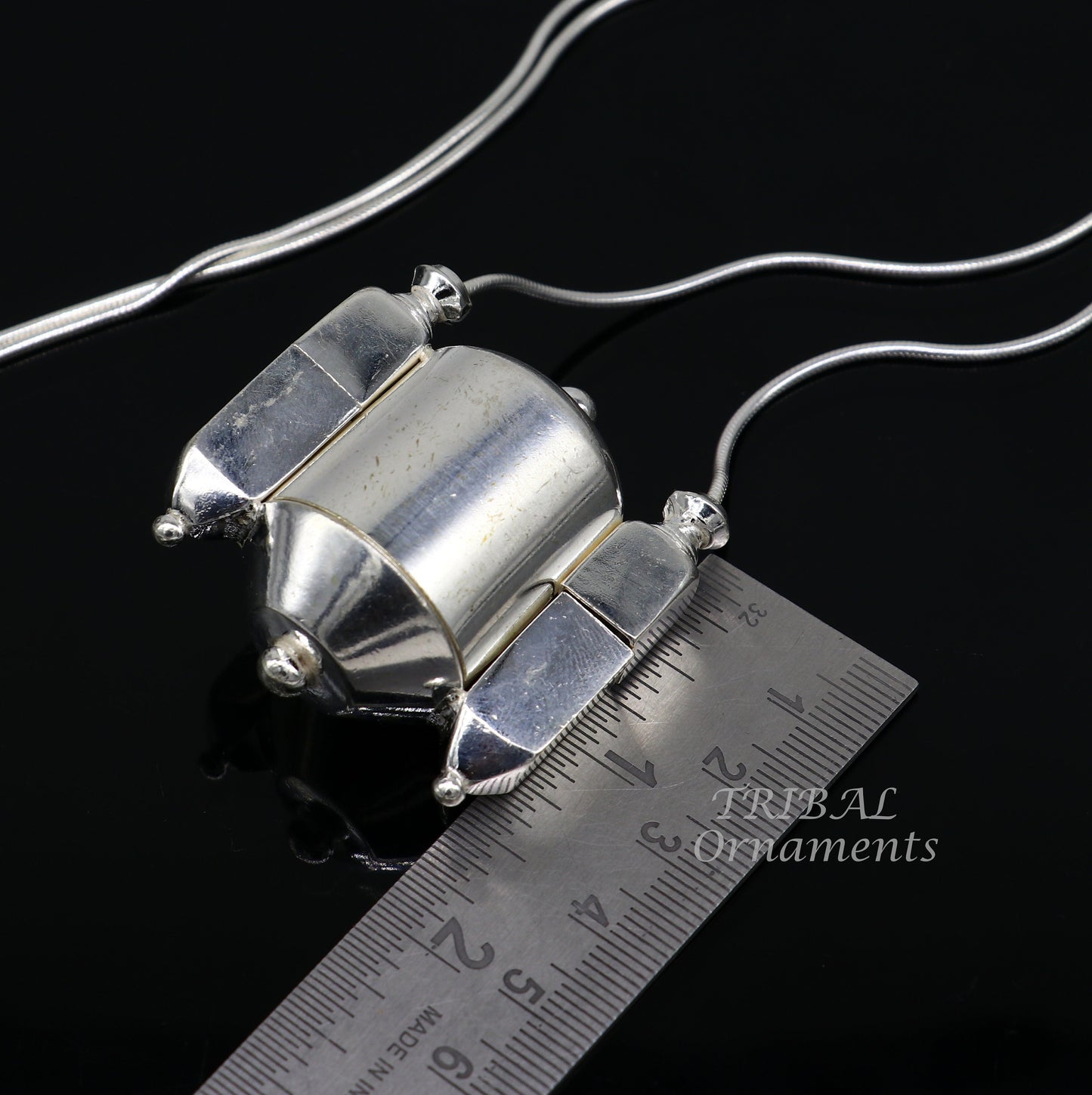 Sterling silver chain and Shiva lingam box pendant necklace set from Tribal Ornaments, featuring handmade tribal jewelry from India.