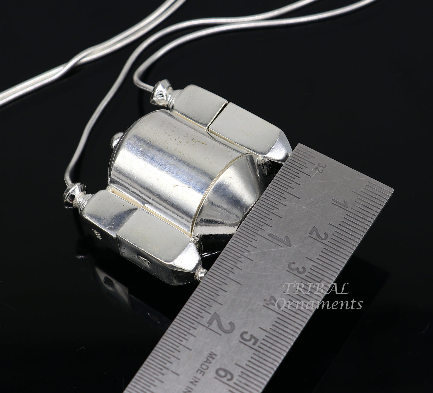 Sterling silver chain and Shiva Lingam box pendant jewelry set by Tribal Ornaments, handmade Indian tribal silver necklace and pendant.