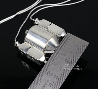 Sterling silver chain and Shiva Lingam box pendant jewelry set by Tribal Ornaments, handmade Indian tribal silver necklace and pendant.
