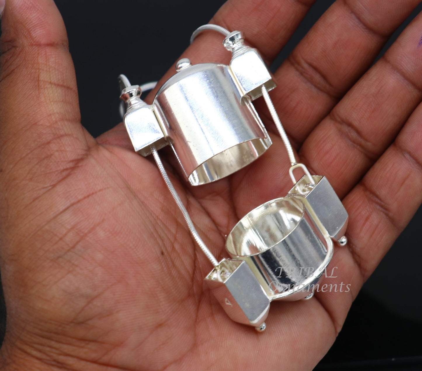 Sterling silver chain with Shiva Lingam box pendant, handmade tribal jewelry set from TRIBAL ORNAMENTS, 18-inch necklace.