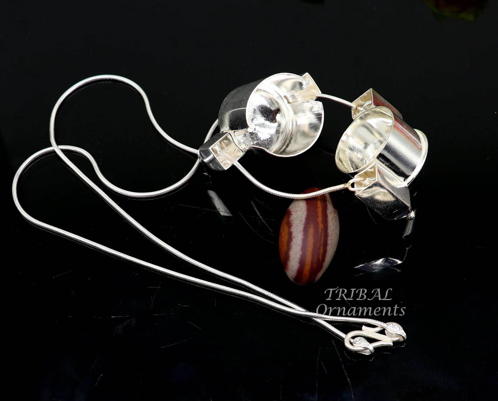 Sterling silver chain and Shiva Lingam box pendant jewelry set from Tribal Ornaments, handmade Indian tribal necklace and pendant.