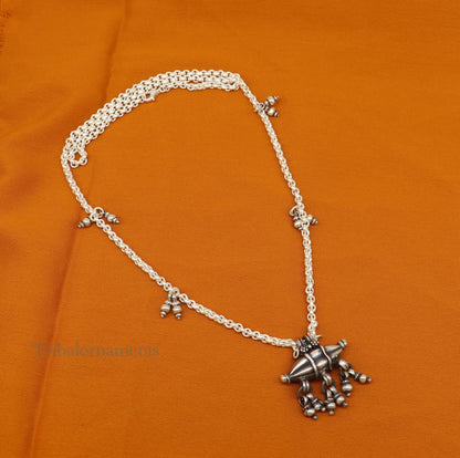 Vintage antique 925 sterling silver Mangalsutra-style necklace with a pendant, handmade tribal ethnic jewelry, 18 to 26 inches long.