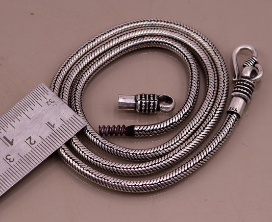 Vintage 18-inch sterling silver snake chain necklace with oxidized tribal design and screw clasp, handcrafted tribal jewelry.