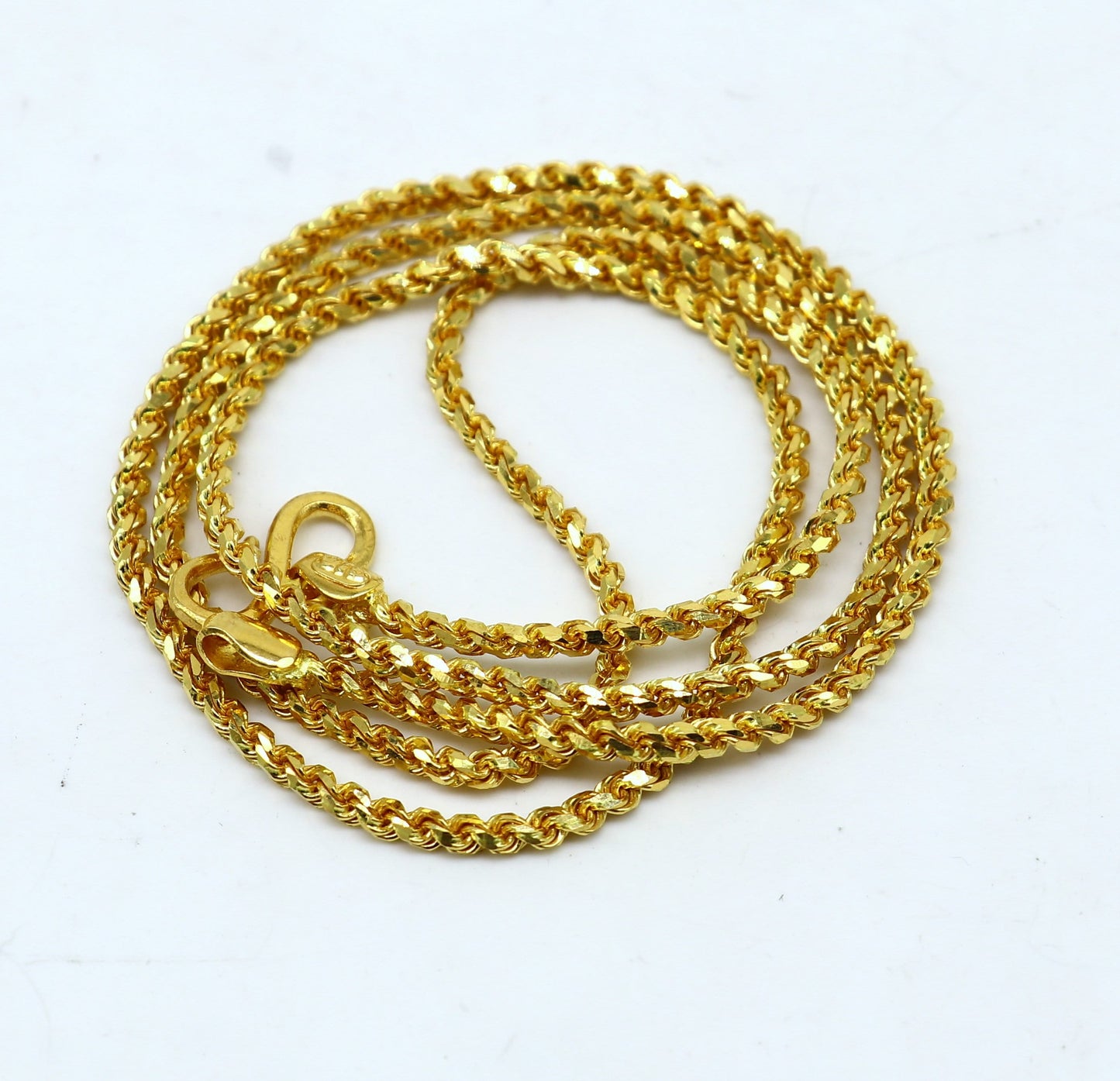 Solid 22k yellow gold rope chain necklace, handmade unisex jewelry with 2-2.5mm flexible design and hallmarked 916 gold.