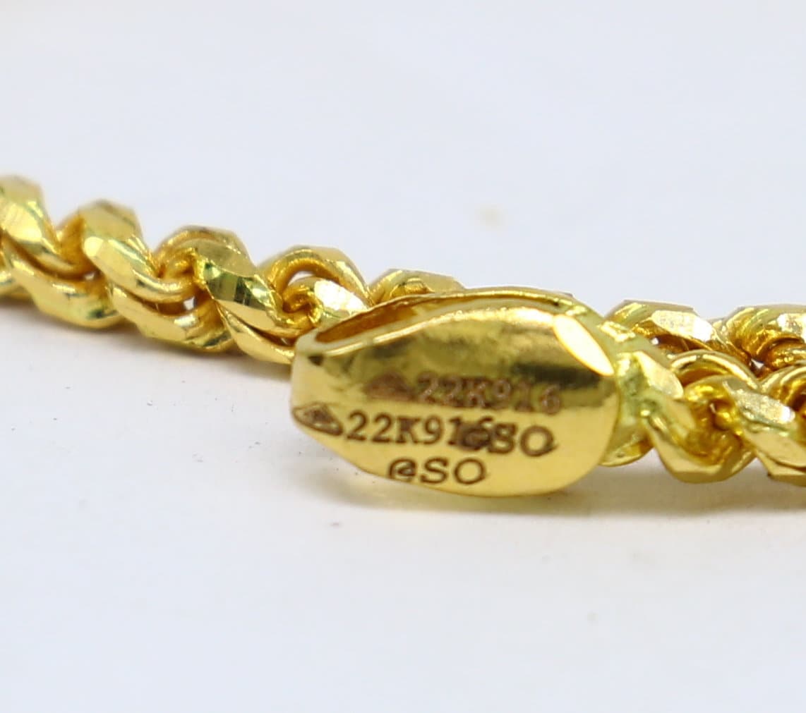 Solid 22k yellow gold rope chain necklace, handmade unisex jewelry with 2-2.5mm flexible design, hallmarked 916, by TRIBAL ORNAMENTS.