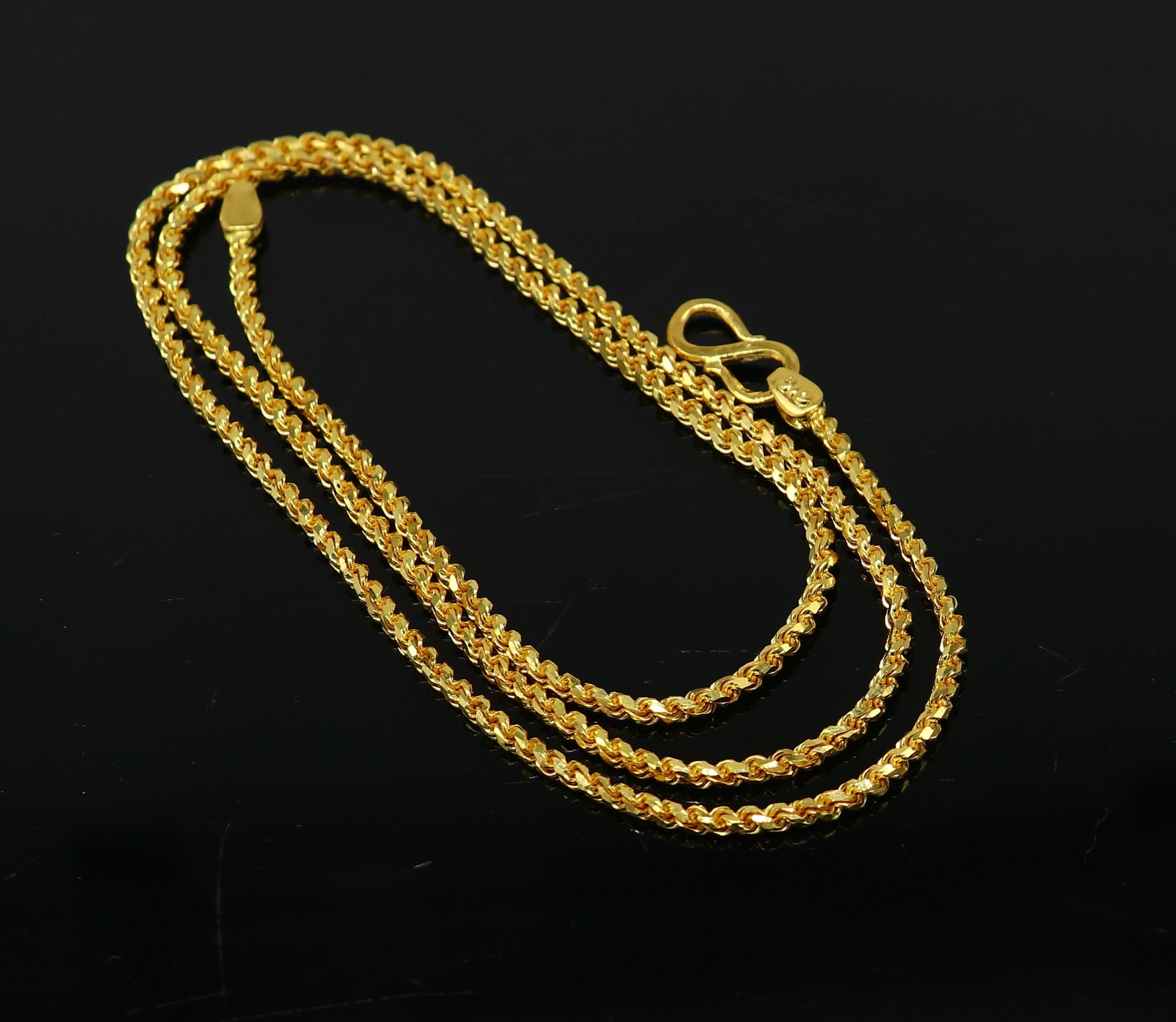 Solid 22k yellow gold rope chain necklace, handmade unisex jewelry with 2-2.5mm flexible design, hallmarked 916 gold from TRIBAL ORNAMENTS.